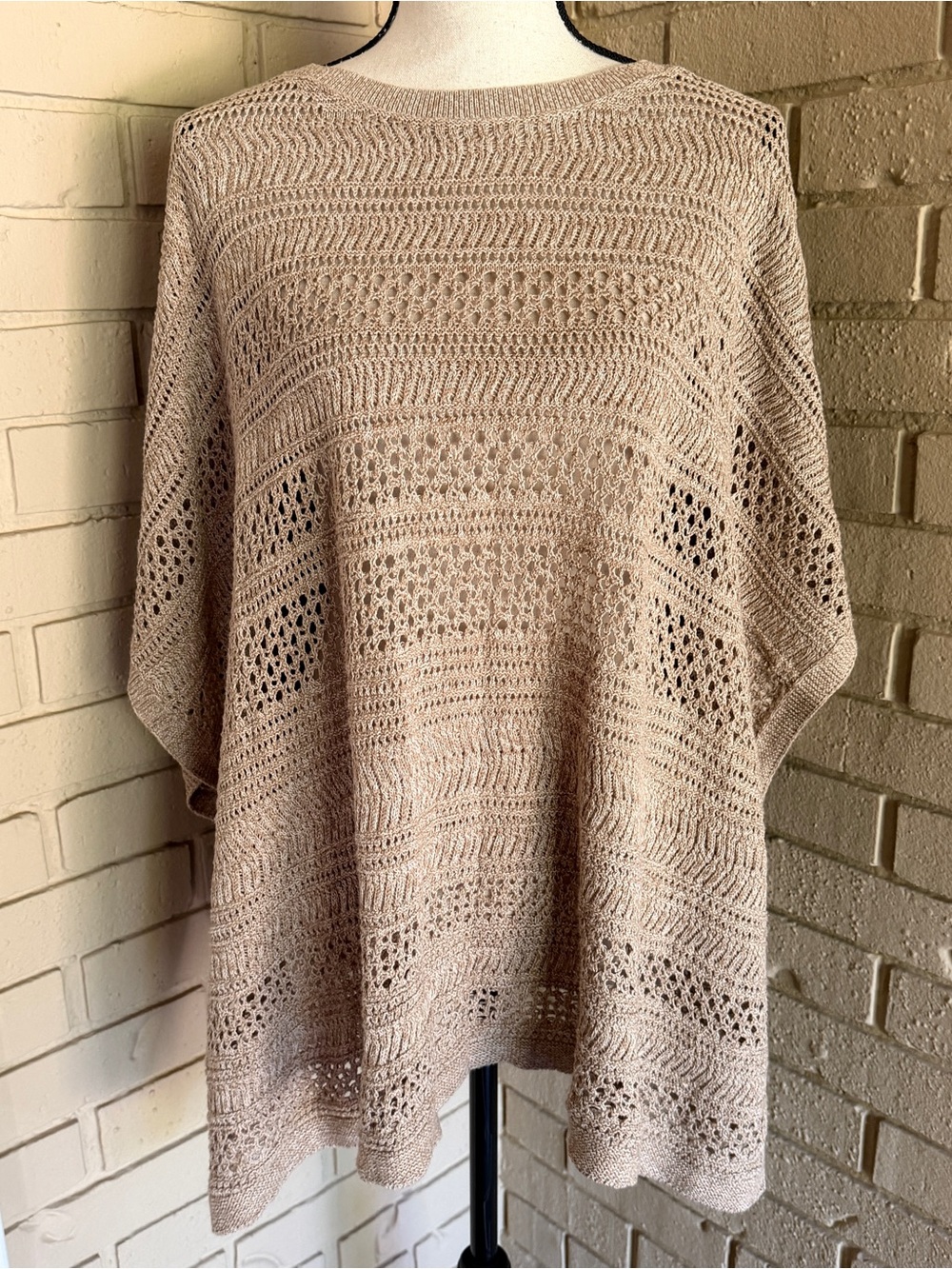 J.Jill Women’s Beige Knit Lightweight Open Weave Poncho Sweater One Size Boho